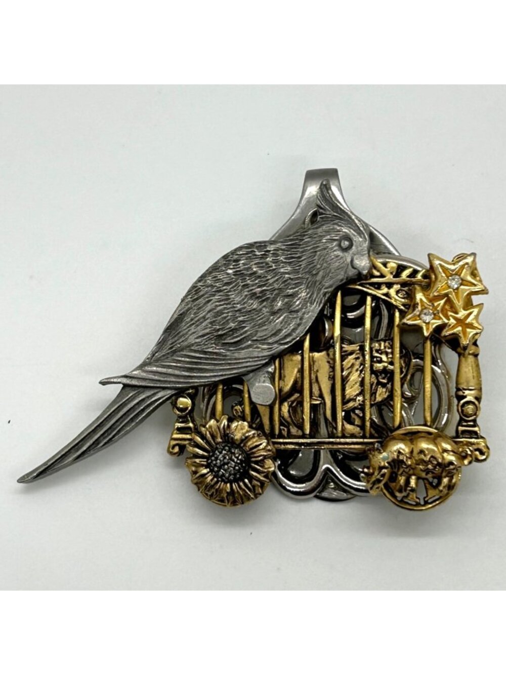 Artisan Mixed-Metal Pendant Bird Cage Crafted from Vintage Brooches Whimsical OO